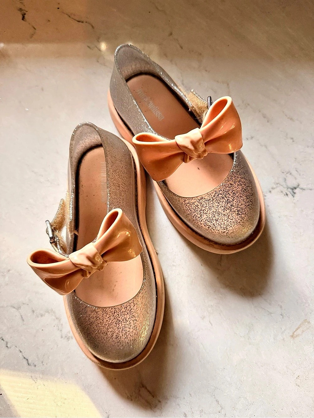 Mini Melissa Girls Pink Silver Gold Glitter Bow Mary Jane Flats